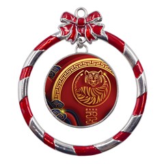 Holiday, Chinese New Year, Year Of The Tiger Metal Red Ribbon Round Ornament by nateshop