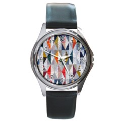 Mosaic, Colorful, Rhombuses, Pattern, Geometry Round Metal Watch