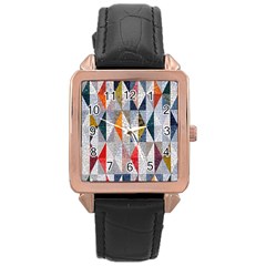 Mosaic, Colorful, Rhombuses, Pattern, Geometry Rose Gold Leather Watch  by nateshop