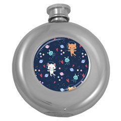 Cute Astronaut Cat With Star Galaxy Elements Seamless Pattern Round Hip Flask (5 Oz) by Grandong