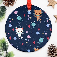 Cute Astronaut Cat With Star Galaxy Elements Seamless Pattern Round Ornament (two Sides) by Grandong