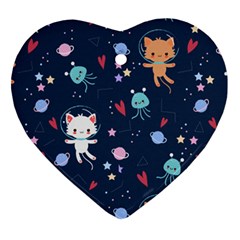 Cute Astronaut Cat With Star Galaxy Elements Seamless Pattern Heart Ornament (two Sides) by Grandong