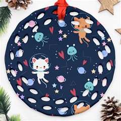 Cute Astronaut Cat With Star Galaxy Elements Seamless Pattern Ornament (round Filigree) by Grandong