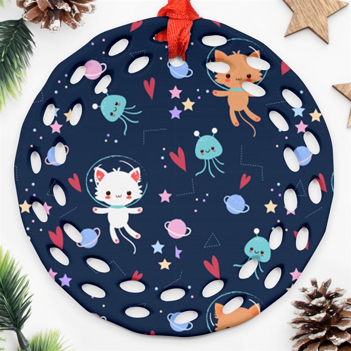 Cute Astronaut Cat With Star Galaxy Elements Seamless Pattern Round Filigree Ornament (Two Sides)