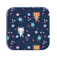 Cute Astronaut Cat With Star Galaxy Elements Seamless Pattern Square Metal Box (black) by Grandong