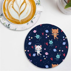 Cute Astronaut Cat With Star Galaxy Elements Seamless Pattern Uv Print Round Tile Coaster by Grandong