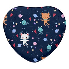 Cute Astronaut Cat With Star Galaxy Elements Seamless Pattern Heart Glass Fridge Magnet (4 Pack) by Grandong