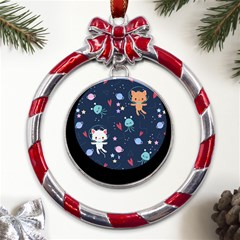 Cute Astronaut Cat With Star Galaxy Elements Seamless Pattern Metal Red Ribbon Round Ornament by Grandong