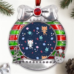 Cute Astronaut Cat With Star Galaxy Elements Seamless Pattern Metal X mas Ribbon With Red Crystal Round Ornament by Grandong