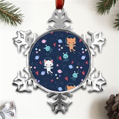 Cute Astronaut Cat With Star Galaxy Elements Seamless Pattern Metal Small Snowflake Ornament by Grandong