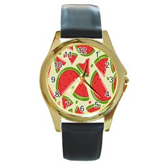 Cute Watermelon Seamless Pattern Round Gold Metal Watch