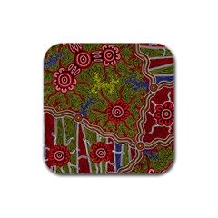 Authentic Aboriginal Art - Connections Rubber Square Coaster (4 Pack) by hogartharts