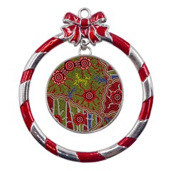 Authentic Aboriginal Art - Connections Metal Red Ribbon Round Ornament