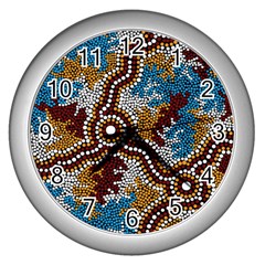 Authentic Aboriginal Art - Wetland Dreaming Wall Clock (silver) by hogartharts