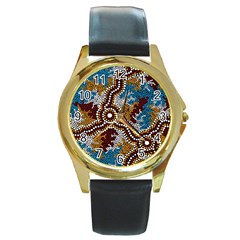 Authentic Aboriginal Art - Wetland Dreaming Round Gold Metal Watch by hogartharts