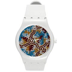 Authentic Aboriginal Art - Wetland Dreaming Round Plastic Sport Watch (m) by hogartharts