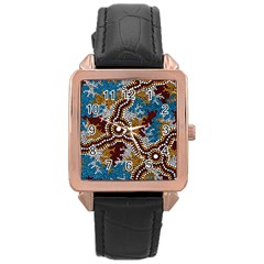 Authentic Aboriginal Art - Wetland Dreaming Rose Gold Leather Watch  by hogartharts