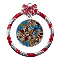 Authentic Aboriginal Art - Wetland Dreaming Metal Red Ribbon Round Ornament by hogartharts