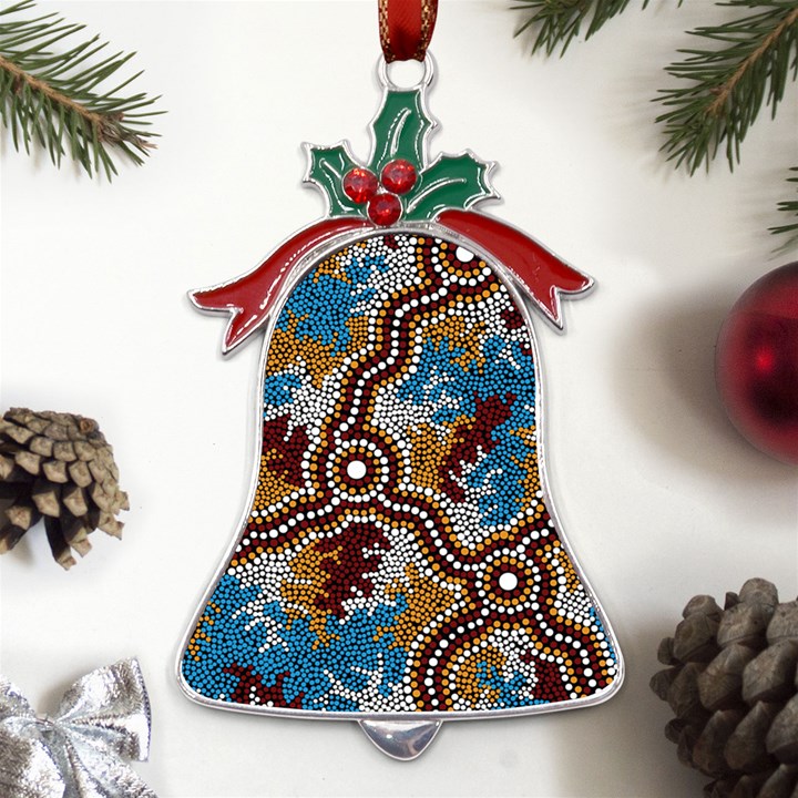 Authentic Aboriginal Art - Wetland Dreaming Metal Holly Leaf Bell Ornament