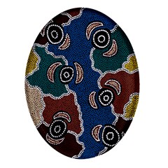 Authentic Aboriginal Art - Riverside Dreaming Oval Glass Fridge Magnet (4 Pack) by hogartharts