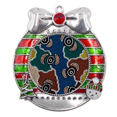 Authentic Aboriginal Art - Riverside Dreaming Metal X mas Ribbon With Red Crystal Round Ornament