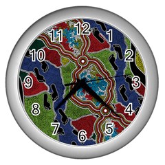 Authentic Aboriginal Art - Walking The Land Wall Clock (silver) by hogartharts