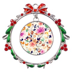 Abstract Floral Background Metal X mas Wreath Ribbon Ornament by nateshop