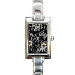 Black Background With Gray Flowers, Floral Black Texture Rectangle Italian Charm Watch