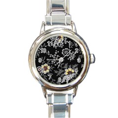 Black Background With Gray Flowers, Floral Black Texture Round Italian Charm Watch