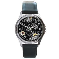 Black Background With Gray Flowers, Floral Black Texture Round Metal Watch