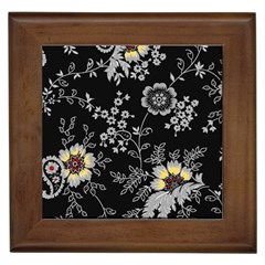 Black Background With Gray Flowers, Floral Black Texture Framed Tile