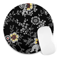 Black Background With Gray Flowers, Floral Black Texture Round Mousepad