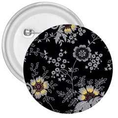 Black Background With Gray Flowers, Floral Black Texture 3  Buttons