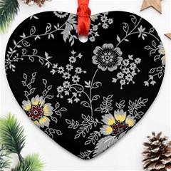 Black Background With Gray Flowers, Floral Black Texture Ornament (Heart)