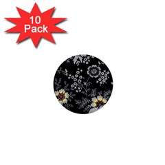 Black Background With Gray Flowers, Floral Black Texture 1  Mini Buttons (10 pack) 