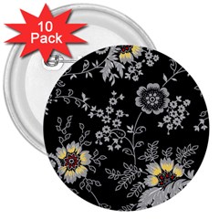 Black Background With Gray Flowers, Floral Black Texture 3  Buttons (10 pack) 