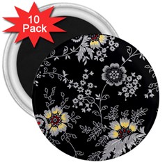 Black Background With Gray Flowers, Floral Black Texture 3  Magnets (10 pack) 