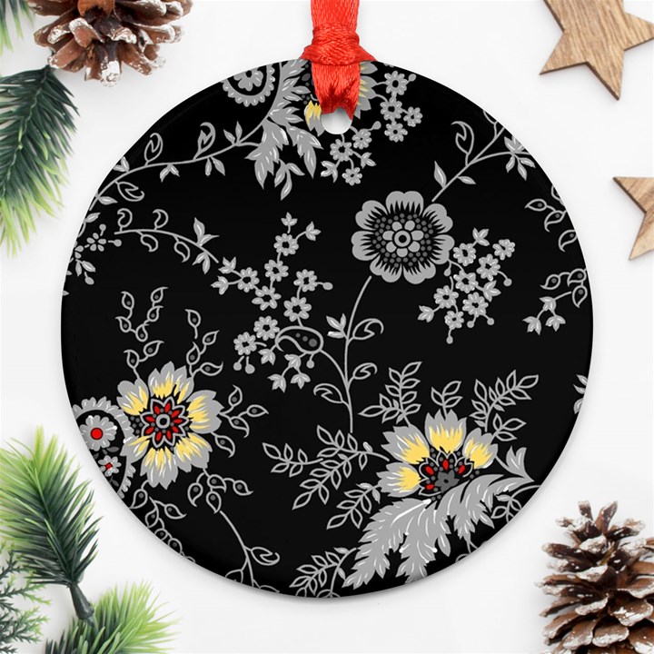 Black Background With Gray Flowers, Floral Black Texture Ornament (Round)