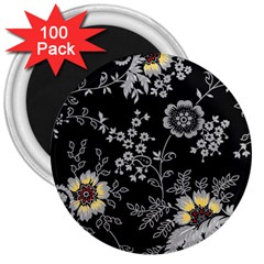 Black Background With Gray Flowers, Floral Black Texture 3  Magnets (100 pack)