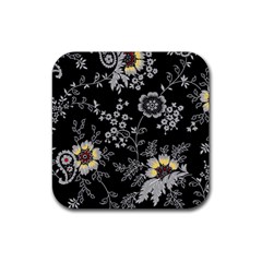 Black Background With Gray Flowers, Floral Black Texture Rubber Coaster (Square)