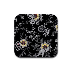 Black Background With Gray Flowers, Floral Black Texture Rubber Square Coaster (4 pack)