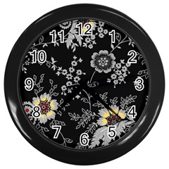 Black Background With Gray Flowers, Floral Black Texture Wall Clock (Black)