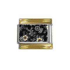 Black Background With Gray Flowers, Floral Black Texture Gold Trim Italian Charm (9mm)