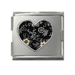 Black Background With Gray Flowers, Floral Black Texture Mega Link Heart Italian Charm (18mm)