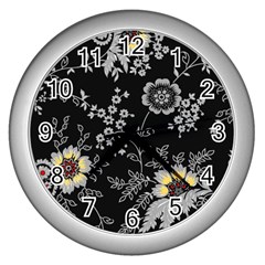 Black Background With Gray Flowers, Floral Black Texture Wall Clock (Silver)