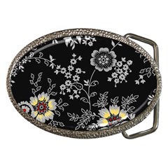 Black Background With Gray Flowers, Floral Black Texture Belt Buckles