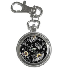 Black Background With Gray Flowers, Floral Black Texture Key Chain Watches