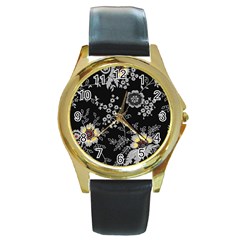 Black Background With Gray Flowers, Floral Black Texture Round Gold Metal Watch