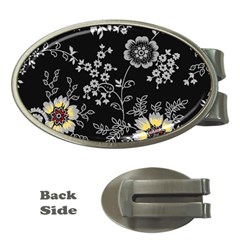 Black Background With Gray Flowers, Floral Black Texture Money Clips (Oval) 