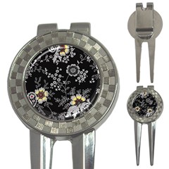 Black Background With Gray Flowers, Floral Black Texture 3-in-1 Golf Divots